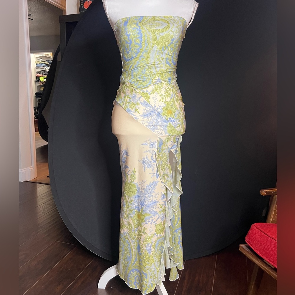Chic Strapless Paisley Dress in Green and Blue